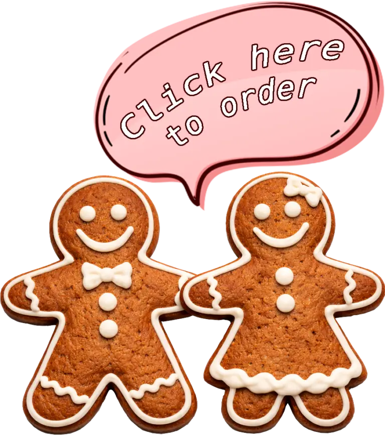 Two gingerbread cookies, one boy and one girl, with a "Click here to order" bubble